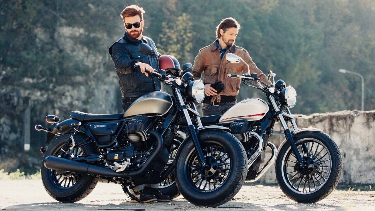 two Moto Guzzi V9 motorcycles and their riders